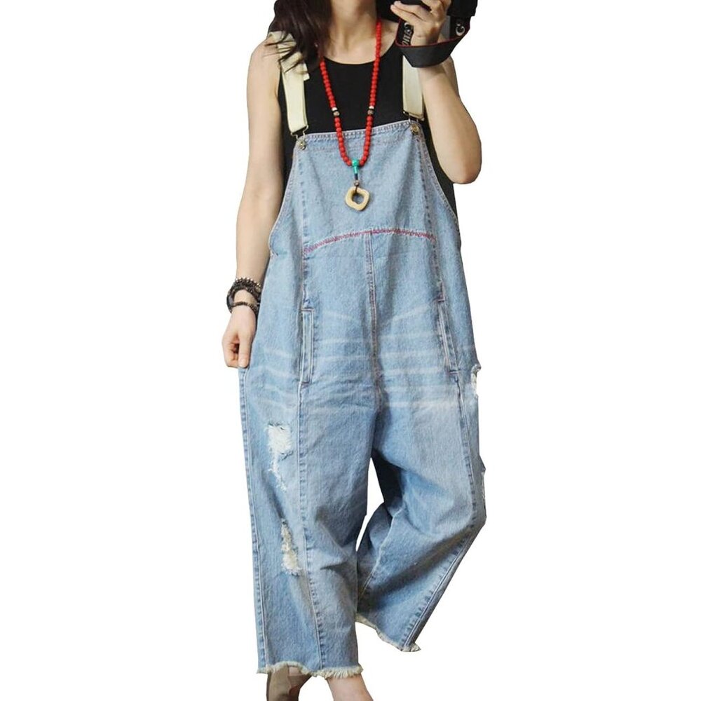 Women’s Loose Fit Denim Dungarees Baggy Jumpsuit, Distressed Wide Leg Overalls